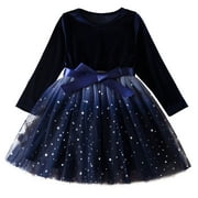 Kids Girls Christmas Corduroy Dress Fall Winter Long Sleeve Dress Gradient Tulle Dress Round Neck Mesh Princess Bow Skirt Kids Clothes Blue